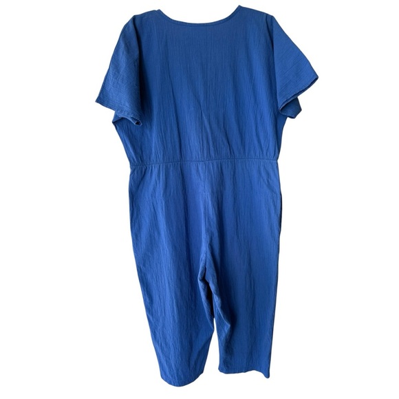 Vtg 90s Button Front Belted Jumpsuit Sz 16 18 Royal Blue Capri Crop Short Sleeve - Picture 6 of 9